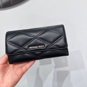Michael Kors Jet Set Travel Large Trifold Wallet Black Vegan Leather
